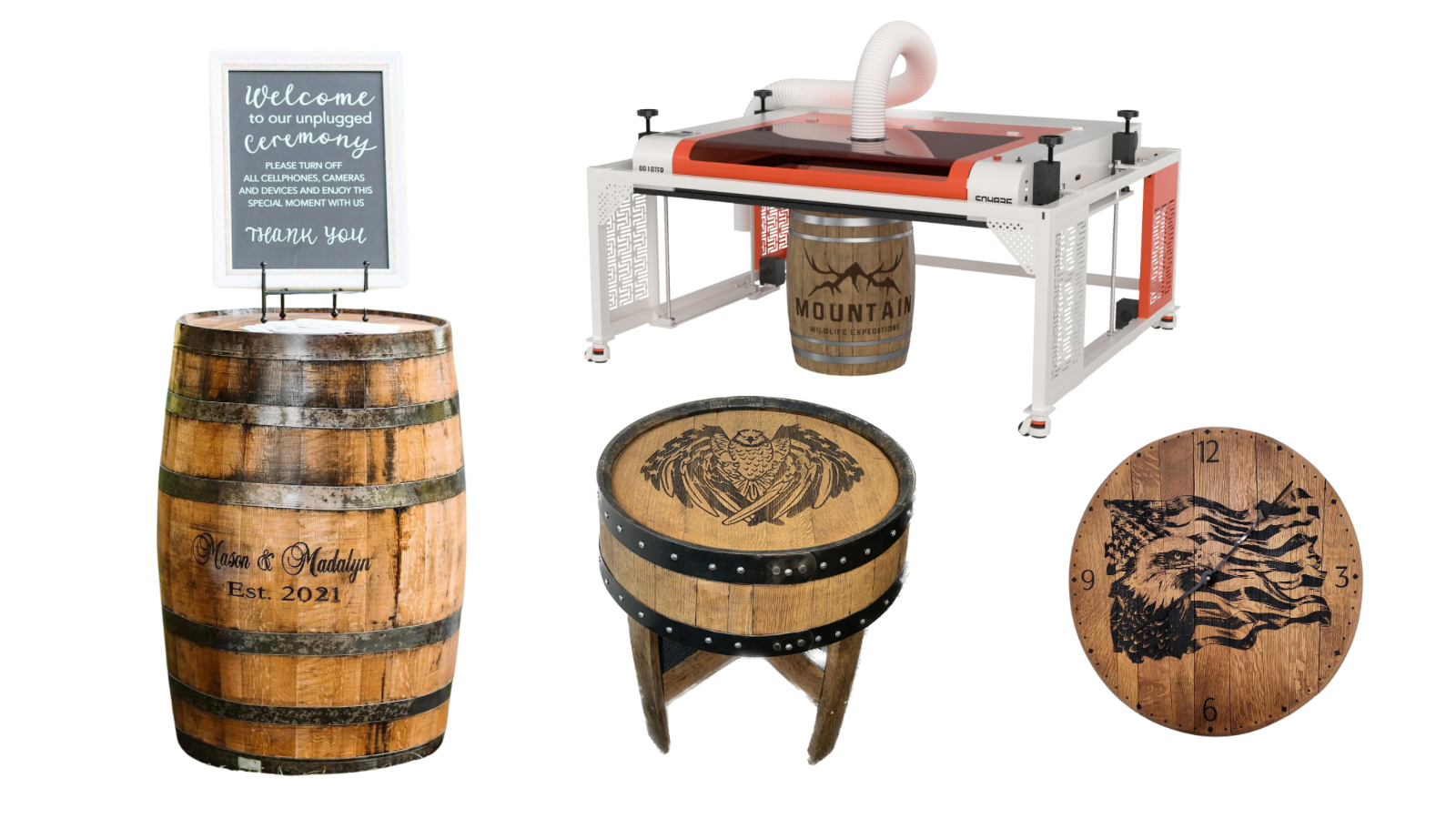 A Wine Barrel, A Barrel Coffee Table, And A Barrel Head Are Engraved By An Ap Lazer Sn4836Lr, 